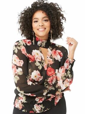 Forever 21 Floral Sheer Chiffon Blouse 2XL Long Sleeve Keyhole Floral Romantic
